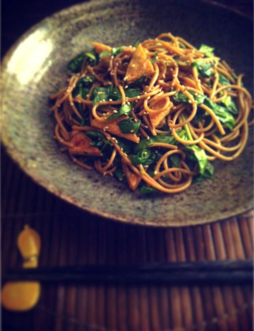 fried tofu and spinach noodle salad