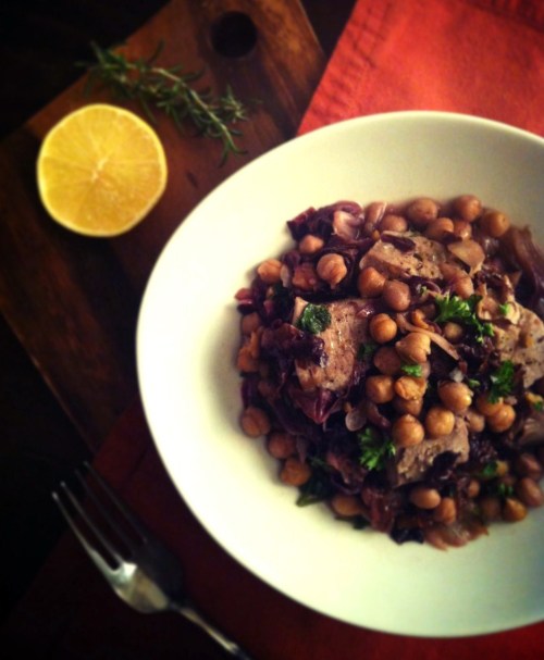 tuna steak braised with radiccio chickpeas and rosemary