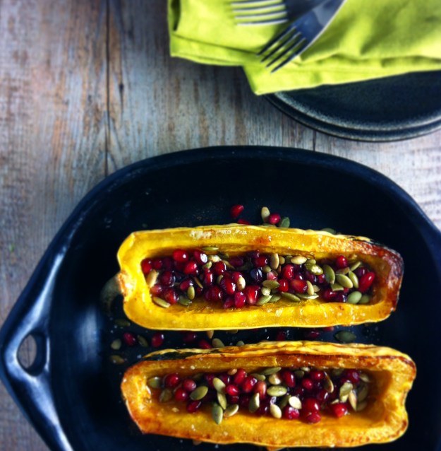 roasted delicata squash with pomegaranate seeds and pepitas